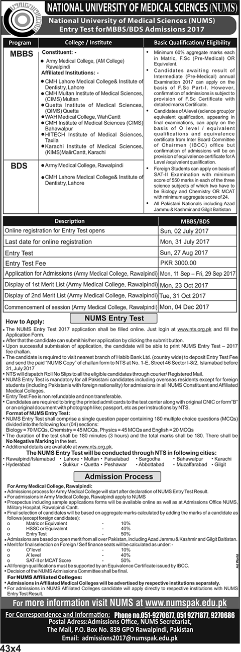 NUMS Entry Test Schedule